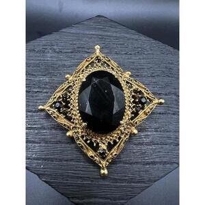 Vintage Signed FLORENZA Jet Black Rhinestone Gold Tone Pin Brooch